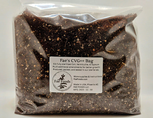 CVG Bag 5pound with Coco Coir, Vermiculite, Gypsum, and amendments for high yield potency and rapid colonization.