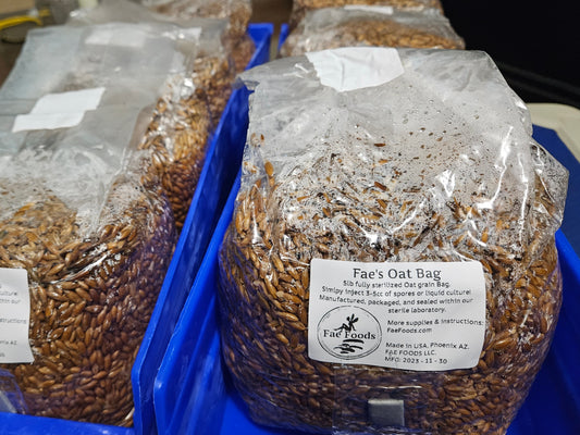 multiple 5lb mushroom oat grain bags with injection ports labeled