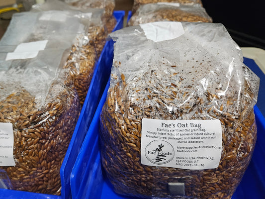 multiple 5lb mushroom oat grain bags with injection ports labeled 