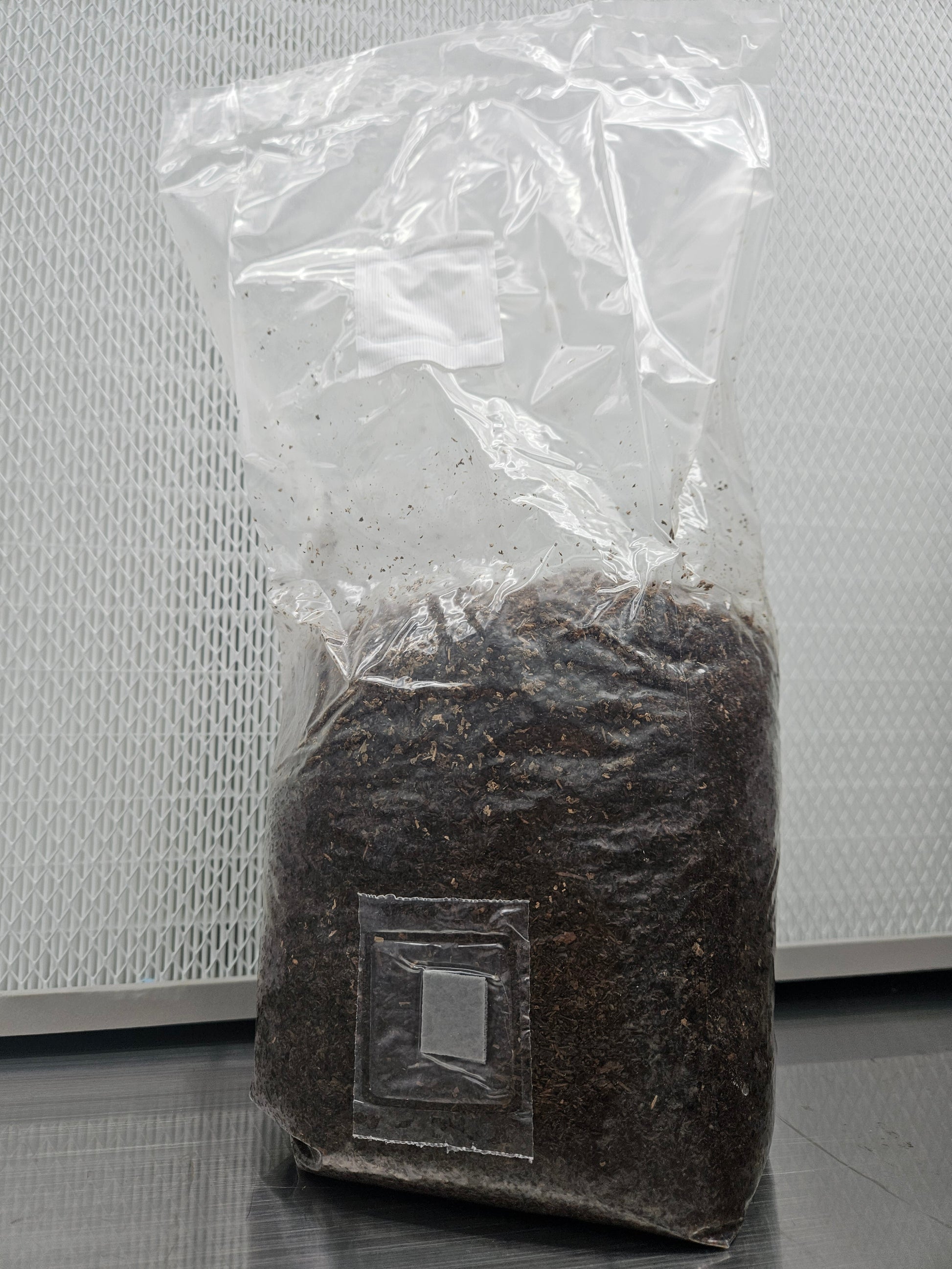 Bag of Woodlovers mushroom substrate mix standing in front of a laminar flow hood